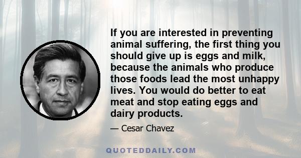 If you are interested in preventing animal suffering, the first thing you should give up is eggs and milk, because the animals who produce those foods lead the most unhappy lives. You would do better to eat meat and