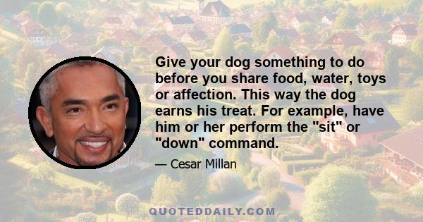 Give your dog something to do before you share food, water, toys or affection. This way the dog earns his treat. For example, have him or her perform the sit or down command.