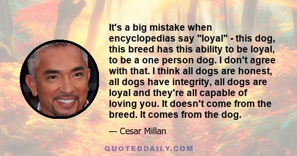 It's a big mistake when encyclopedias say loyal - this dog, this breed has this ability to be loyal, to be a one person dog. I don't agree with that. I think all dogs are honest, all dogs have integrity, all dogs are