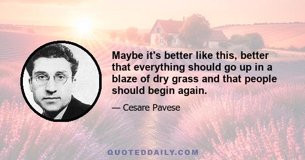 Maybe it's better like this, better that everything should go up in a blaze of dry grass and that people should begin again.