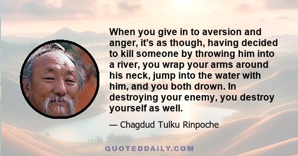 When you give in to aversion and anger, it’s as though, having decided to kill someone by throwing him into a river, you wrap your arms around his neck, jump into the water with him, and you both drown. In destroying