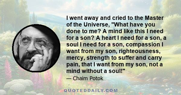 I went away and cried to the Master of the Universe, What have you done to me? A mind like this I need for a son? A heart I need for a son, a soul I need for a son, compassion I want from my son, righteousness, mercy,