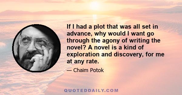 If I had a plot that was all set in advance, why would I want go through the agony of writing the novel? A novel is a kind of exploration and discovery, for me at any rate.