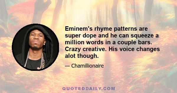 Eminem's rhyme patterns are super dope and he can squeeze a million words in a couple bars. Crazy creative. His voice changes alot though.