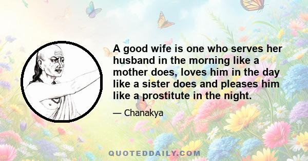 A good wife is one who serves her husband in the morning like a mother does, loves him in the day like a sister does and pleases him like a prostitute in the night.