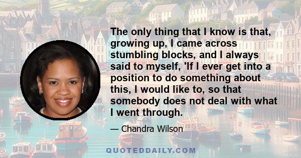 The only thing that I know is that, growing up, I came across stumbling blocks, and I always said to myself, 'If I ever get into a position to do something about this, I would like to, so that somebody does not deal