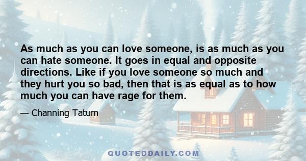 As much as you can love someone, is as much as you can hate someone. It goes in equal and opposite directions. Like if you love someone so much and they hurt you so bad, then that is as equal as to how much you can have 