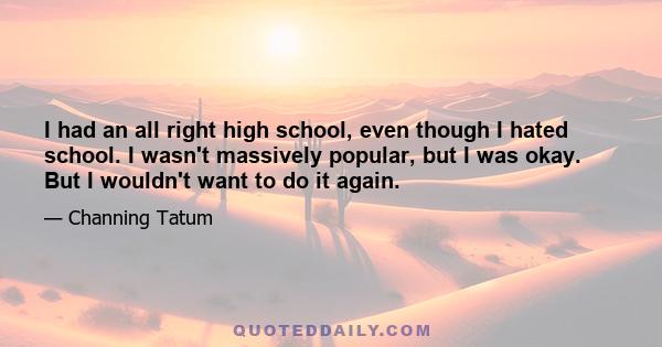 I had an all right high school, even though I hated school. I wasn't massively popular, but I was okay. But I wouldn't want to do it again.