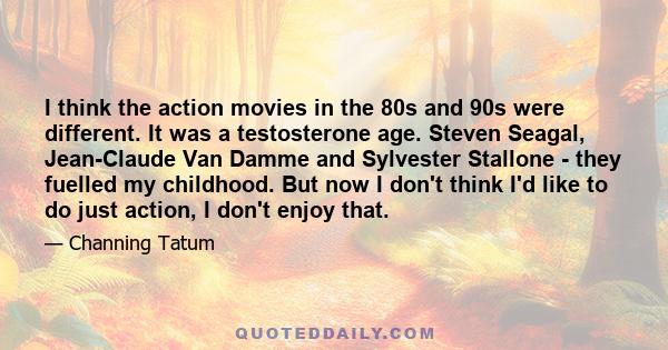 I think the action movies in the 80s and 90s were different. It was a testosterone age. Steven Seagal, Jean-Claude Van Damme and Sylvester Stallone - they fuelled my childhood. But now I don't think I'd like to do just