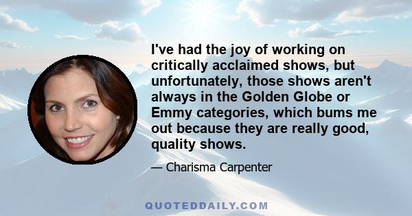 I've had the joy of working on critically acclaimed shows, but unfortunately, those shows aren't always in the Golden Globe or Emmy categories, which bums me out because they are really good, quality shows.