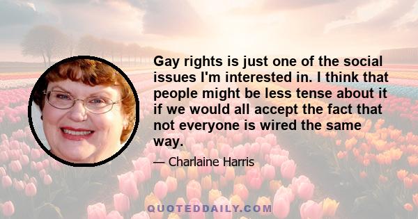 Gay rights is just one of the social issues I'm interested in. I think that people might be less tense about it if we would all accept the fact that not everyone is wired the same way.