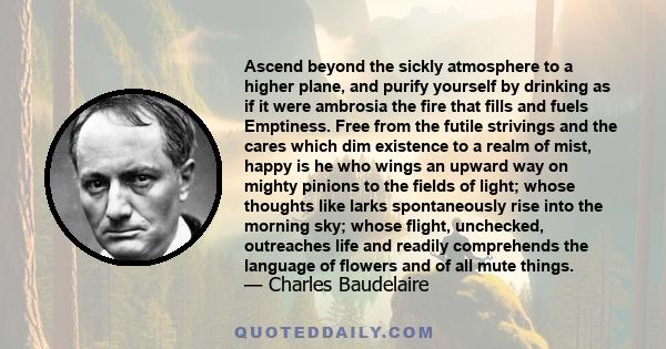 Ascend beyond the sickly atmosphere to a higher plane, and purify yourself by drinking as if it were ambrosia the fire that fills and fuels Emptiness. Free from the futile strivings and the cares which dim existence to