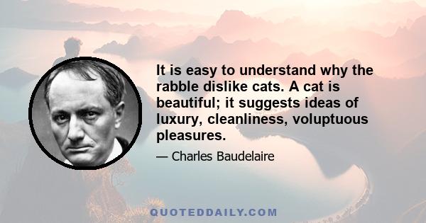 It is easy to understand why the rabble dislike cats. A cat is beautiful; it suggests ideas of luxury, cleanliness, voluptuous pleasures.