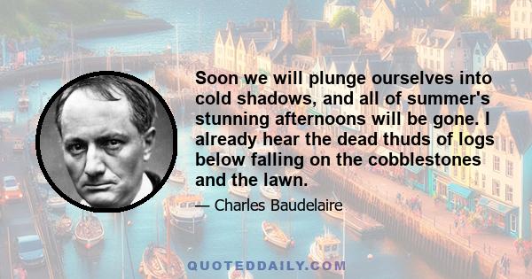 Soon we will plunge ourselves into cold shadows, and all of summer's stunning afternoons will be gone. I already hear the dead thuds of logs below falling on the cobblestones and the lawn.