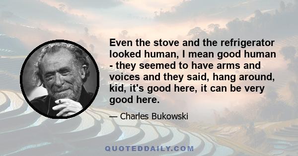 Even the stove and the refrigerator looked human, I mean good human - they seemed to have arms and voices and they said, hang around, kid, it's good here, it can be very good here.