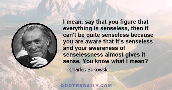 I mean, say that you figure that everything is senseless, then it can't be quite senseless because you are aware that it's senseless and your awareness of senselessness almost gives it sense. You know what I mean?