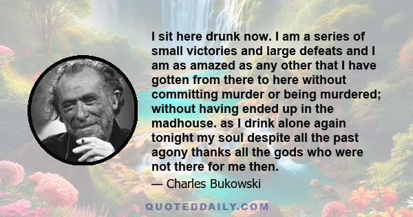 I sit here drunk now. I am a series of small victories and large defeats and I am as amazed as any other that I have gotten from there to here without committing murder or being murdered; without having ended up in the