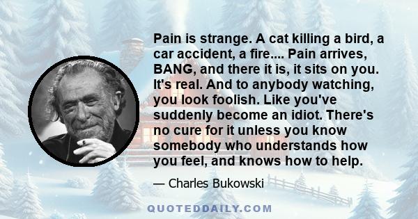 Pain is strange. A cat killing a bird, a car accident, a fire.... Pain arrives, BANG, and there it is, it sits on you. It's real. And to anybody watching, you look foolish. Like you've suddenly become an idiot. There's