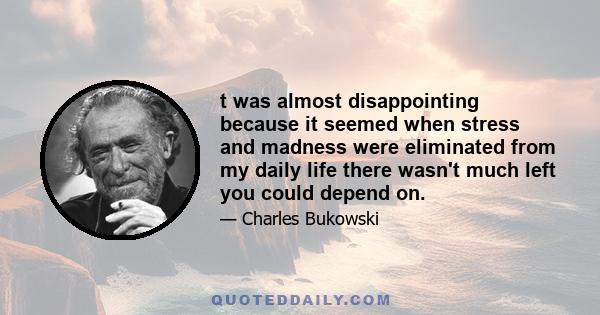 t was almost disappointing because it seemed when stress and madness were eliminated from my daily life there wasn't much left you could depend on.