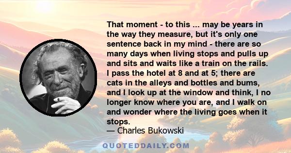 That moment - to this ... may be years in the way they measure, but it's only one sentence back in my mind - there are so many days when living stops and pulls up and sits and waits like a train on the rails. I pass the 