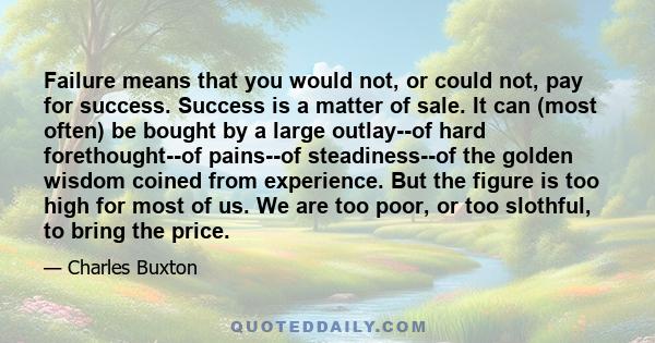 Failure means that you would not, or could not, pay for success. Success is a matter of sale. It can (most often) be bought by a large outlay--of hard forethought--of pains--of steadiness--of the golden wisdom coined