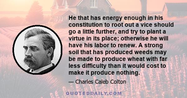 He that has energy enough in his constitution to root out a vice should go a little further, and try to plant a virtue in its place; otherwise he will have his labor to renew. A strong soil that has produced weeds may