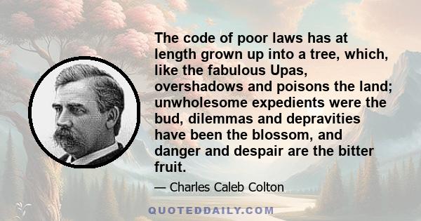 The code of poor laws has at length grown up into a tree, which, like the fabulous Upas, overshadows and poisons the land; unwholesome expedients were the bud, dilemmas and depravities have been the blossom, and danger