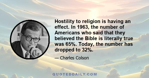 Hostility to religion is having an effect. In 1963, the number of Americans who said that they believed the Bible is literally true was 65%. Today, the number has dropped to 32%.