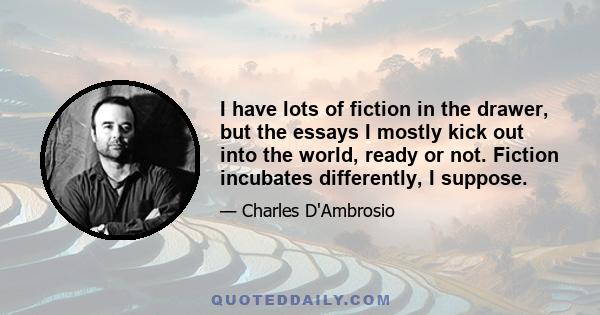 I have lots of fiction in the drawer, but the essays I mostly kick out into the world, ready or not. Fiction incubates differently, I suppose.