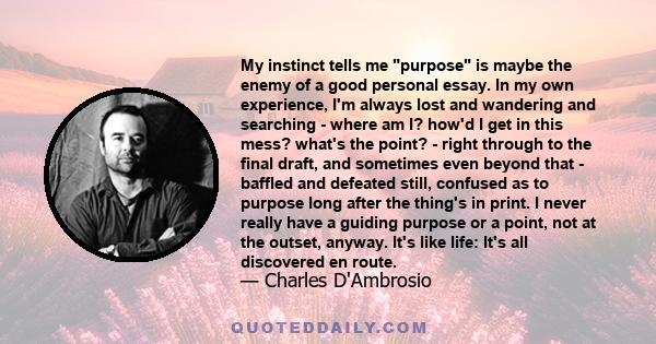 My instinct tells me purpose is maybe the enemy of a good personal essay. In my own experience, I'm always lost and wandering and searching - where am I? how'd I get in this mess? what's the point? - right through to