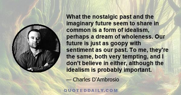 What the nostalgic past and the imaginary future seem to share in common is a form of idealism, perhaps a dream of wholeness. Our future is just as goopy with sentiment as our past. To me, they're the same, both very