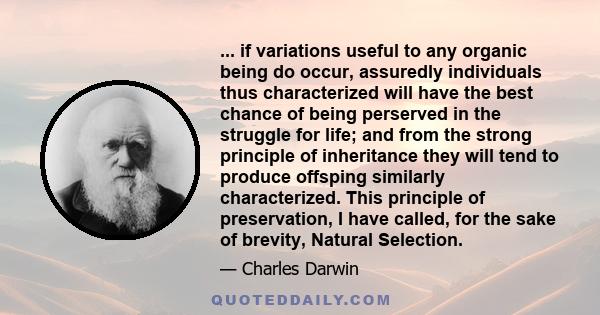 ... if variations useful to any organic being do occur, assuredly individuals thus characterized will have the best chance of being perserved in the struggle for life; and from the strong principle of inheritance they