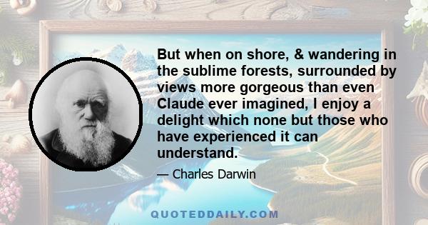 But when on shore, & wandering in the sublime forests, surrounded by views more gorgeous than even Claude ever imagined, I enjoy a delight which none but those who have experienced it can understand.