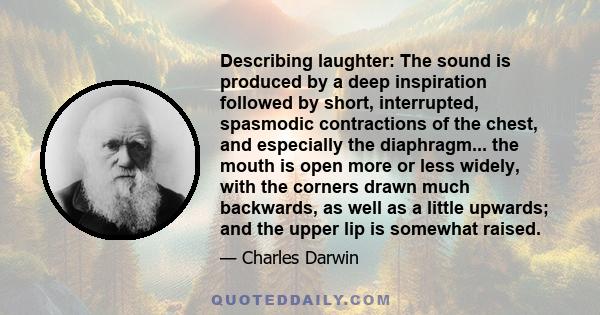 Describing laughter: The sound is produced by a deep inspiration followed by short, interrupted, spasmodic contractions of the chest, and especially the diaphragm... the mouth is open more or less widely, with the