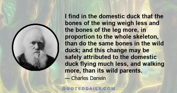 I find in the domestic duck that the bones of the wing weigh less and the bones of the leg more, in proportion to the whole skeleton, than do the same bones in the wild duck; and this change may be safely attributed to