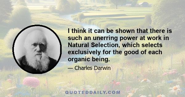 I think it can be shown that there is such an unerring power at work in Natural Selection, which selects exclusively for the good of each organic being.