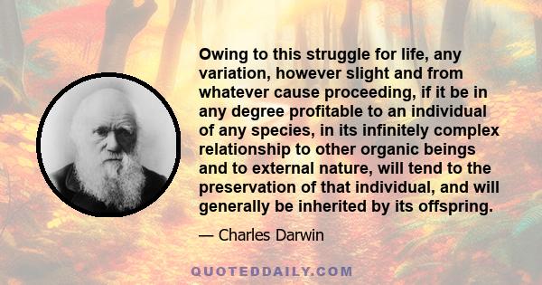 Owing to this struggle for life, any variation, however slight and from whatever cause proceeding, if it be in any degree profitable to an individual of any species, in its infinitely complex relationship to other