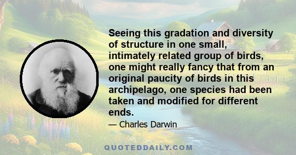 Seeing this gradation and diversity of structure in one small, intimately related group of birds, one might really fancy that from an original paucity of birds in this archipelago, one species had been taken and