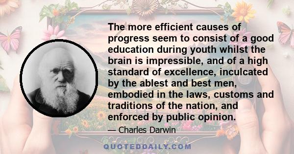 The more efficient causes of progress seem to consist of a good education during youth whilst the brain is impressible, and of a high standard of excellence, inculcated by the ablest and best men, embodied in the laws,