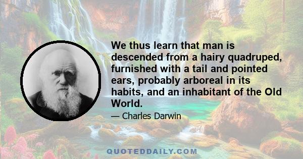 We thus learn that man is descended from a hairy quadruped, furnished with a tail and pointed ears, probably arboreal in its habits, and an inhabitant of the Old World.