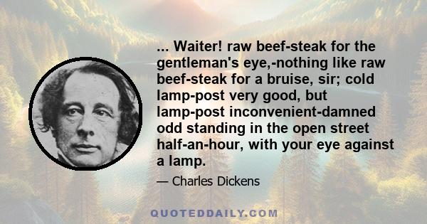 ... Waiter! raw beef-steak for the gentleman's eye,-nothing like raw beef-steak for a bruise, sir; cold lamp-post very good, but lamp-post inconvenient-damned odd standing in the open street half-an-hour, with your eye