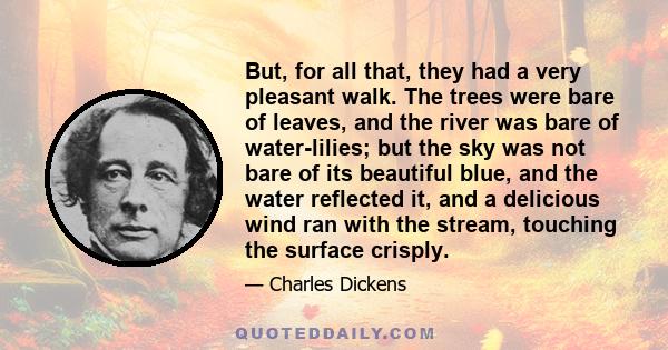 But, for all that, they had a very pleasant walk. The trees were bare of leaves, and the river was bare of water-lilies; but the sky was not bare of its beautiful blue, and the water reflected it, and a delicious wind