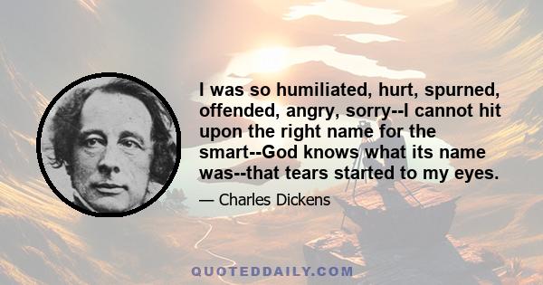 I was so humiliated, hurt, spurned, offended, angry, sorry--I cannot hit upon the right name for the smart--God knows what its name was--that tears started to my eyes.