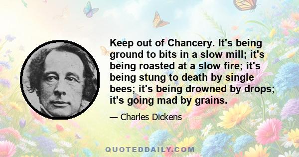 Keep out of Chancery. It's being ground to bits in a slow mill; it's being roasted at a slow fire; it's being stung to death by single bees; it's being drowned by drops; it's going mad by grains.