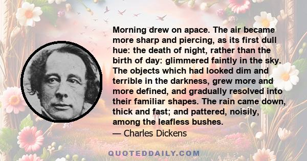 Morning drew on apace. The air became more sharp and piercing, as its first dull hue: the death of night, rather than the birth of day: glimmered faintly in the sky. The objects which had looked dim and terrible in the