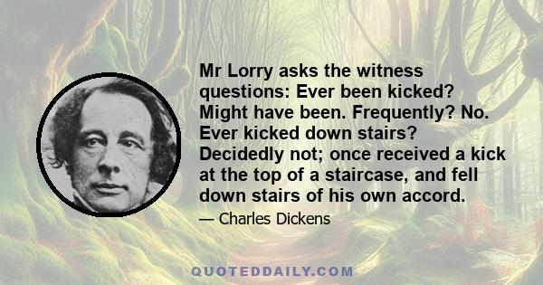 Mr Lorry asks the witness questions: Ever been kicked? Might have been. Frequently? No. Ever kicked down stairs? Decidedly not; once received a kick at the top of a staircase, and fell down stairs of his own accord.