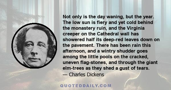 Not only is the day waning, but the year. The low sun is fiery and yet cold behind the monastery ruin, and the Virginia creeper on the Cathedral wall has showered half its deep-red leaves down on the pavement. There has 