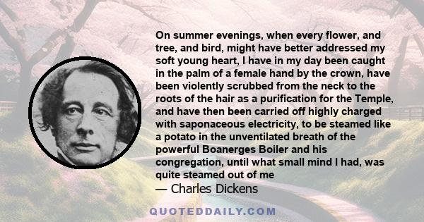 On summer evenings, when every flower, and tree, and bird, might have better addressed my soft young heart, I have in my day been caught in the palm of a female hand by the crown, have been violently scrubbed from the