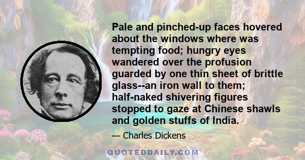 Pale and pinched-up faces hovered about the windows where was tempting food; hungry eyes wandered over the profusion guarded by one thin sheet of brittle glass--an iron wall to them; half-naked shivering figures stopped 