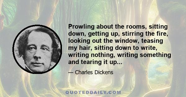 Prowling about the rooms, sitting down, getting up, stirring the fire, looking out the window, teasing my hair, sitting down to write, writing nothing, writing something and tearing it up...